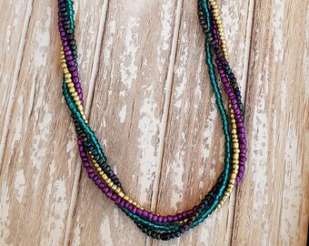 Gold, Long Seed Beaded Necklace, Multi-Strands, Statement Necklace, Beaded Jewelry, Teal, Purple, Gold, Toggle Clasp