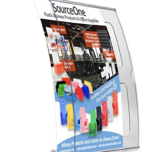 May include: A clear acrylic slanted sign holder displaying a promotional insert for SourceOne Plastic Business Products & Office Supplies. The insert features images of various colorful business card holders, brochure holders, and donation boxes.