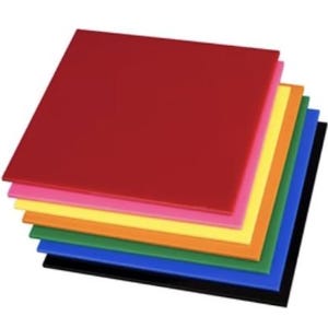 May include: A stack of colorful square acrylic sheets in various colors, including red, pink, yellow, orange, green, blue, and black. The sheets are neatly arranged, showcasing a spectrum of vibrant hues. These sheets are suitable for crafting and DIY projects.