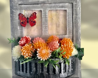 Handmade soap.  Soap flowers.  Window with handmade balcony.  Crafts from cardboard.
