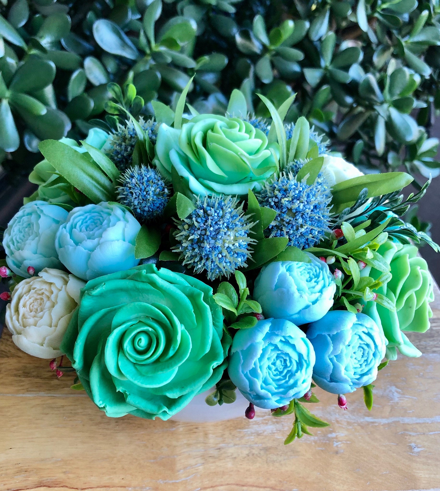 Handmade soap. A bouquet of flowers from soap in a ceramic Etsy