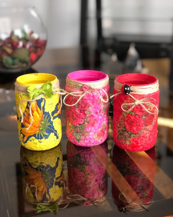 Glass Jars for Candles. the Jars Are Decorated With Egg Shells and  Decoupage Napkins. Make Your Own Candles 
