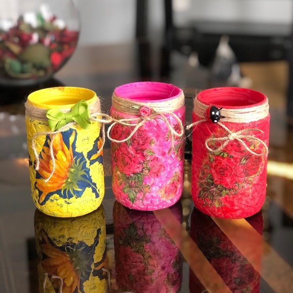 Set 3 boxes. Glass jars for candles.  The jars are decorated with egg shells and decoupage napkins.  Make your own candles!!!