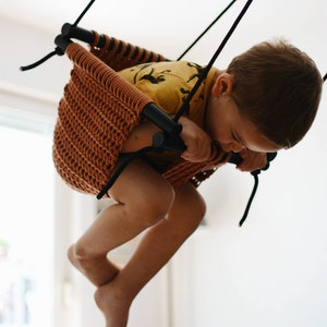 Handmade Crochet Baby Swing: Black Wood, Recycled Cotton Rope