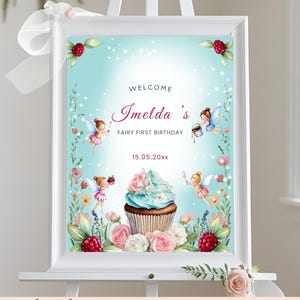 Fairy First Birthday Welcome Sign, Floral 1st Birthday Fairy Garden Party Decor, 16x20 Editable Template Instant Download IH