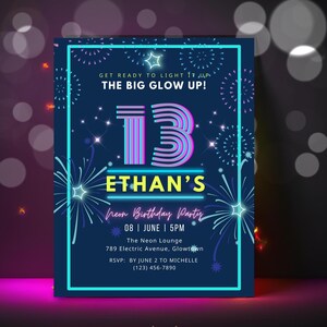 Editable Neon Birthday Digital Invitation For 13Th Birthday Boy, Official Teen Glow Party Invitation, Canva Template, Instant Download EC