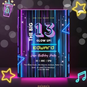 Editable Neon Birthday Invitation For 13Th Birthday Boy, Official Teen Glow Party Invite Printable, Canva Template, Instant Download EB