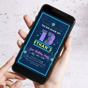 13th Birthday Invitation, Editable Neon Birthday Digital Invite For Boy, Official Teen Glow Party, Canva Template, Instant Download EC