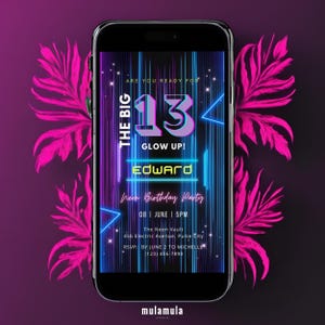 13th Birthday Invitation, Editable Neon Birthday Digital Invite For Boys, Official Teen Glow Party, Canva Template, Instant Download EB