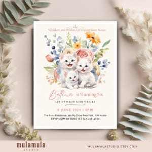 Cat Invitation Template Wild Flowers Cat Birthday Party Invite Kitty Cat Editable Canva Template Digital Instant Download BK