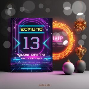 Editable Neon Birthday Invitation For 13Th Birthday Boy, Official Teen Glow Party Invite Printable, Canva Template, Instant Download EA