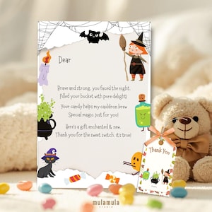 May include: A Halloween-themed greeting card with a poem and illustrations of a witch, cauldron, and bat. A small tag reads "Thank You" with a witch and cauldron design. Colorful candies and a teddy bear are in the background.