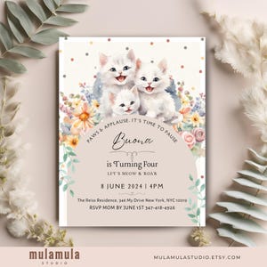 Cat Invitation Template Floral Cat Birthday Party Invite Kitty Cat Editable Beige Canva Template Digital Instant Download BAK