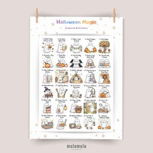 Puede incluir: Un póster blanco titulado Halloween Magic Inspired Activities que presenta treinta ilustraciones numeradas de fantasmas realizando tareas estacionales. Cada pequeño cuadrado representa un fantasma de dibujos animados realizando actividades como recoger manzanas, leer o hornear galletas.