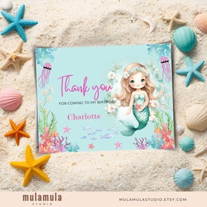 Mermaid Thank You Card, Under The Sea Beach Birthday Theme, For Kid Summer Party, Baby Shower Editable Canva Template Instant Download CP