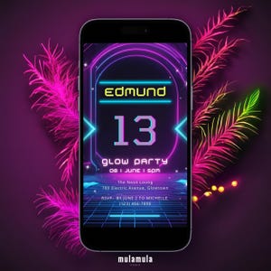 13th Birthday Invitation, Editable Neon Birthday Digital Invite For Boy, Official Teen Glow Party, Canva Template, Instant Download EA