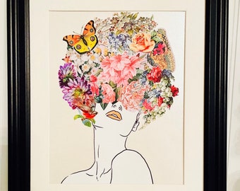 Original Mixed Media Line Drawing, Woman, Flowers, Butterflies, Framed Wall Art 12"x15"