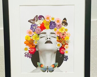 Original Pressed Flower Butterflies Mixed Media Framed Wall Table Art 12" x 15" Line Drawing Woman