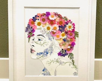Original Pressed Flower Mixed Media Framed Wall Art Drawing Woman 12" x 15"