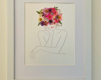Original Pressed Flower Mixed Media White Wood Framed Wall Art, 12" x 15" Drawing Woman, Valentine's Day