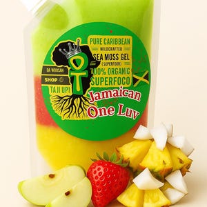 May include: A clear pouch filled with layered green, red, and yellow gel, labeled "Pure Caribbean Sea Moss Gel." The image includes sliced green apples, a red strawberry, and pineapple chunks. The text on the label reads "Jamaican One Luv."