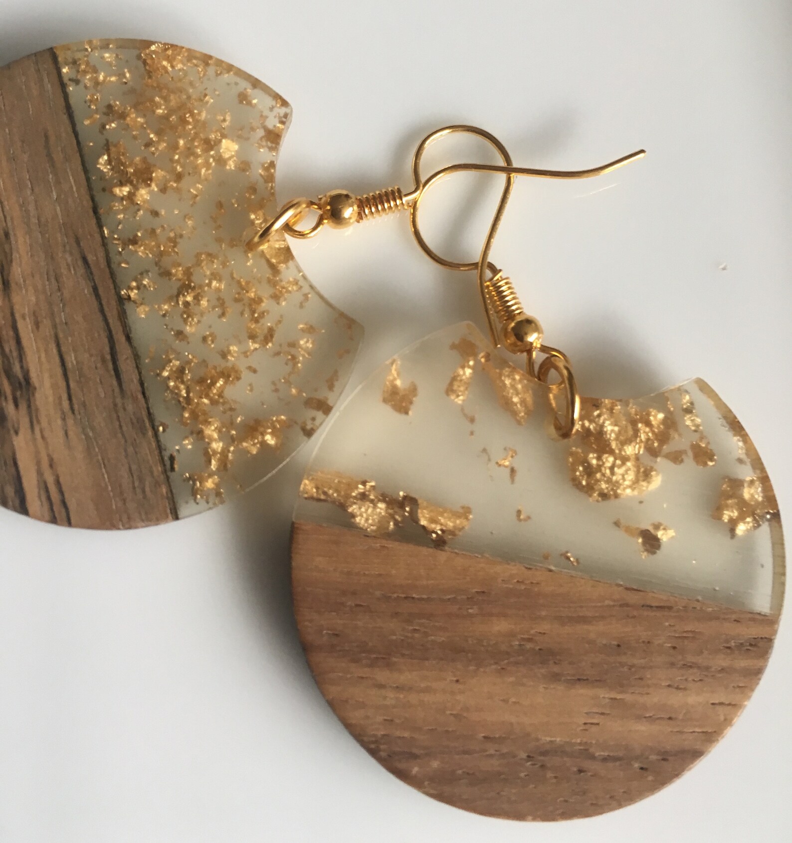 Translucent Resin Gold Inlay Round Earrings, Statement Gold Leaf Flakes