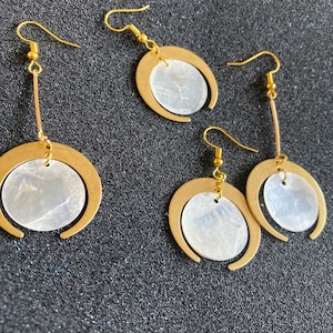 Philippine round capiz mirror shell gold brass earrings.