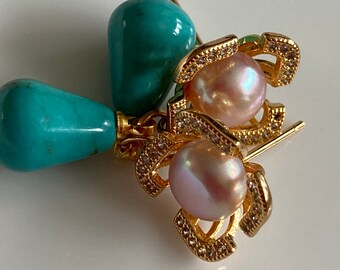 Turquoise Teardrop Earrings, 18k Gold Plated Pearl Studs