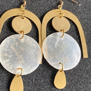 Bold and dramatic Philippine capiz mirror shell brass geometric gold sterling silver drop earrings. Unique & trendy earrings.