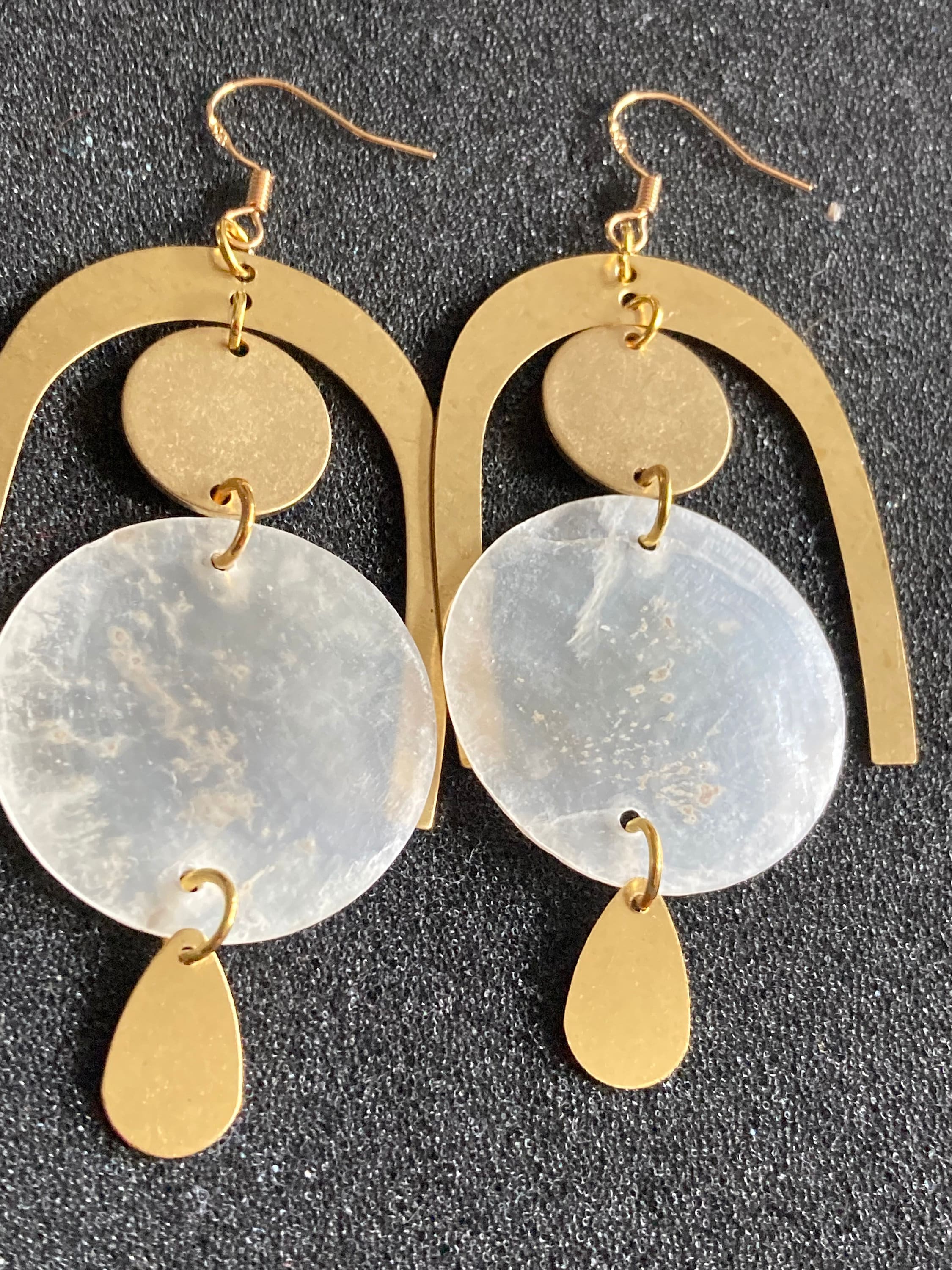 Bold and dramatic Philippine capiz mirror shell brass geometric gold sterling silver drop earrings. Unique trendy earrings