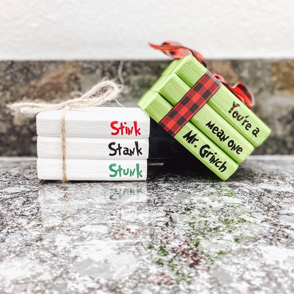 Farmhouse wooden mini bookstacks Christmas grinch stink stink Stunk you’re a mean one Mr. grinch bookstack gift decor tiered tray book stack
