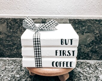 But first coffee farmhouse wooden mini bookstack books tiered tray decor book stack