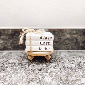 Please flush the toilet farmhouse wooden mini book stack bathroom home tiered tray decor gift