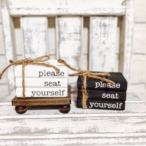 Please seat yourself bathroom farmhouse wooden mini bookstack books tiered tray gift decor book stack