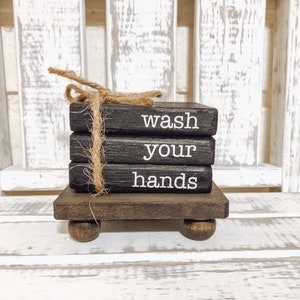 Wash your hands farmhouse bathroom wooden mini book stack home tiered tray decor