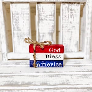 God bless America 4th of July Independence Day farmhouse wooden mini bookstack tiered tray wood books decor book stack