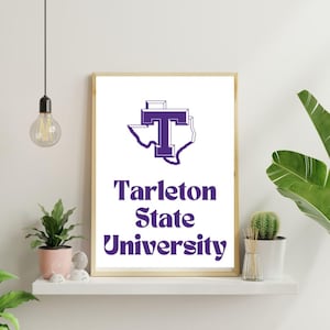 May include: A white framed print with a purple outline of the state of Texas and a large purple "T" inside. The text "Tarleton State University" is written in purple below the outline.