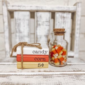 Candy corn farmhouse wooden mini book stack tiered tray home decor display potion bottle
