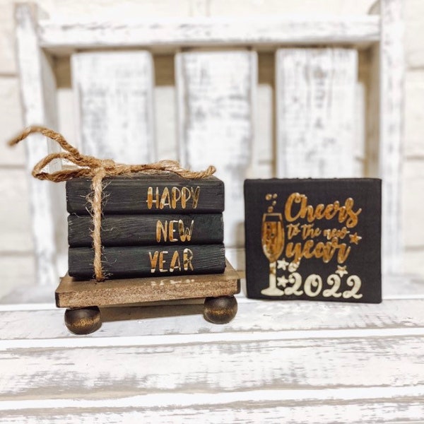 Happy new year cheers to the new year 2022 goodbye 2021 farmhouse wooden mini book stack home tiered tray decor