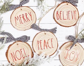 Christmas wooden slice farmhouse ornament merry believe joy peace Noel