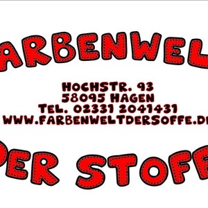 Pode incluir: Logotipo vermelho e preto com o texto "FARBENWELT DER STOFFE" e as informa&ccedil;&otilde;es de contato: HOCHSTR. 93 58095 Hagen TEL. 02331 2041431 www.FARBENWELTDERSOFFE.DE