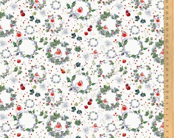 May include: White fabric with a repeating pattern of watercolor wreaths, red berries, and small birds. The wreaths are composed of green leaves and blue accents. The birds have red breasts. The fabric has a festive, holiday theme.