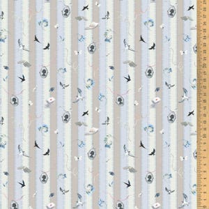 May include: A light blue and beige striped fabric with a repeating pattern of birds, flowers, and books. The fabric has a vintage aesthetic and is perfect for crafting projects.