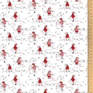 Op de afbeelding: Witte stof met een herhalend patroon van grillige figuren in rode outfits met vleugels, die rode draden vasthouden. De figuren dragen hoeden en worden afgewisseld met kleine zwarte sterren en sneeuwvlokken. Een houten liniaal staat aan de rechterkant.