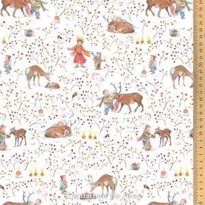 May include: White fabric with a repeating pattern of winter scenes. The design features children, reindeer, birds, and candles amidst red berries and branches. The fabric has a whimsical, storybook aesthetic.