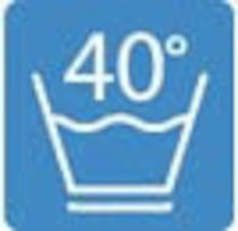 May include: A blue washing instruction icon with a white outline. The icon depicts a basin of water with wavy lines and the number 40 with a degree symbol.