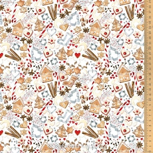 May include: A white background with a repeating pattern of gingerbread cookies, cookie cutters, cinnamon sticks, star anise, and red candy canes. The cookies are in the shapes of hearts, stars, gingerbread houses, and Christmas trees.