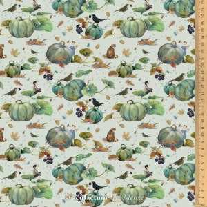 Può includere: Un motivo senza cuciture che presenta un design ripetitivo di zucche verdi, uccelli e foglie su uno sfondo blu chiaro. Il motivo è perfetto per tessuti, carta da parati o carta da regalo.