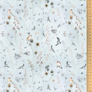 May include: A blue and white fabric with a repeating pattern of small birds, flowers, and grasses. The fabric has a subtle watercolor effect.