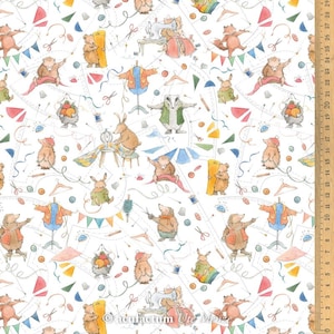 May include: White fabric with a repeating pattern of various animals, including a fox, a badger, a hedgehog, a rabbit, and a bear. The animals are all wearing clothes and holding sewing tools. The fabric also features a variety of sewing-related objects, such as scissors, needles, thread, and buttons. The fabric is ideal for quilting, crafts, and other sewing projects.
